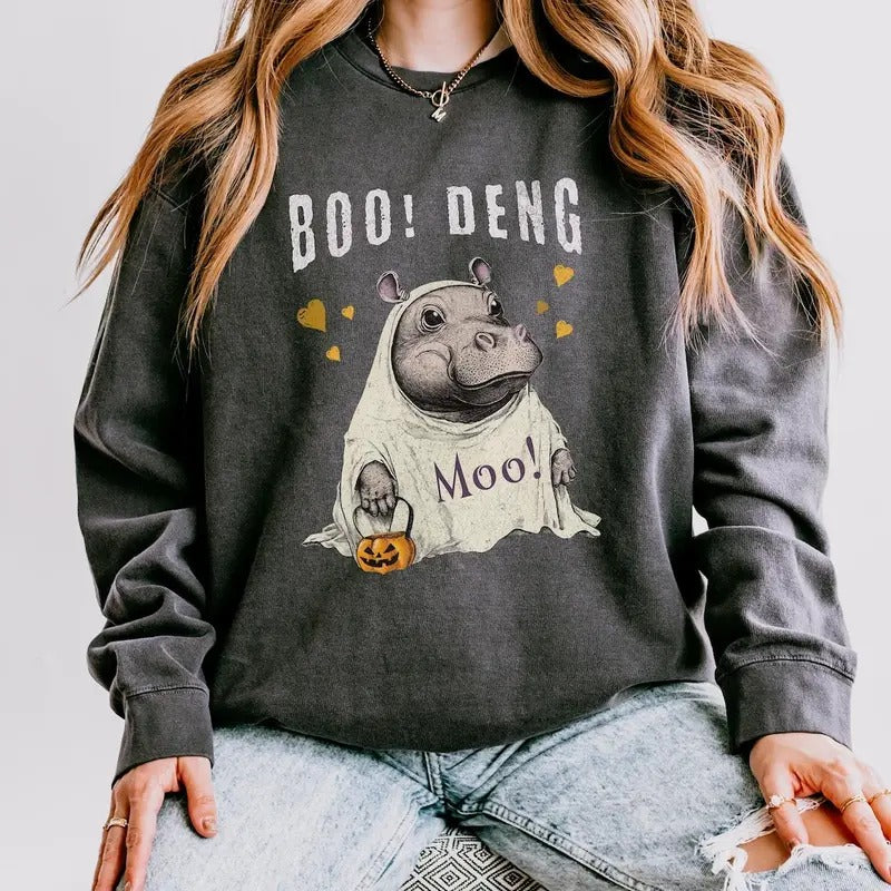 Moo Deng Sweatshirt - Cute Boo Deng Baby Hippo Halloween Pullover, Vintage Halloween Sweatshirt Cotton Womenswear Hoodie Light
