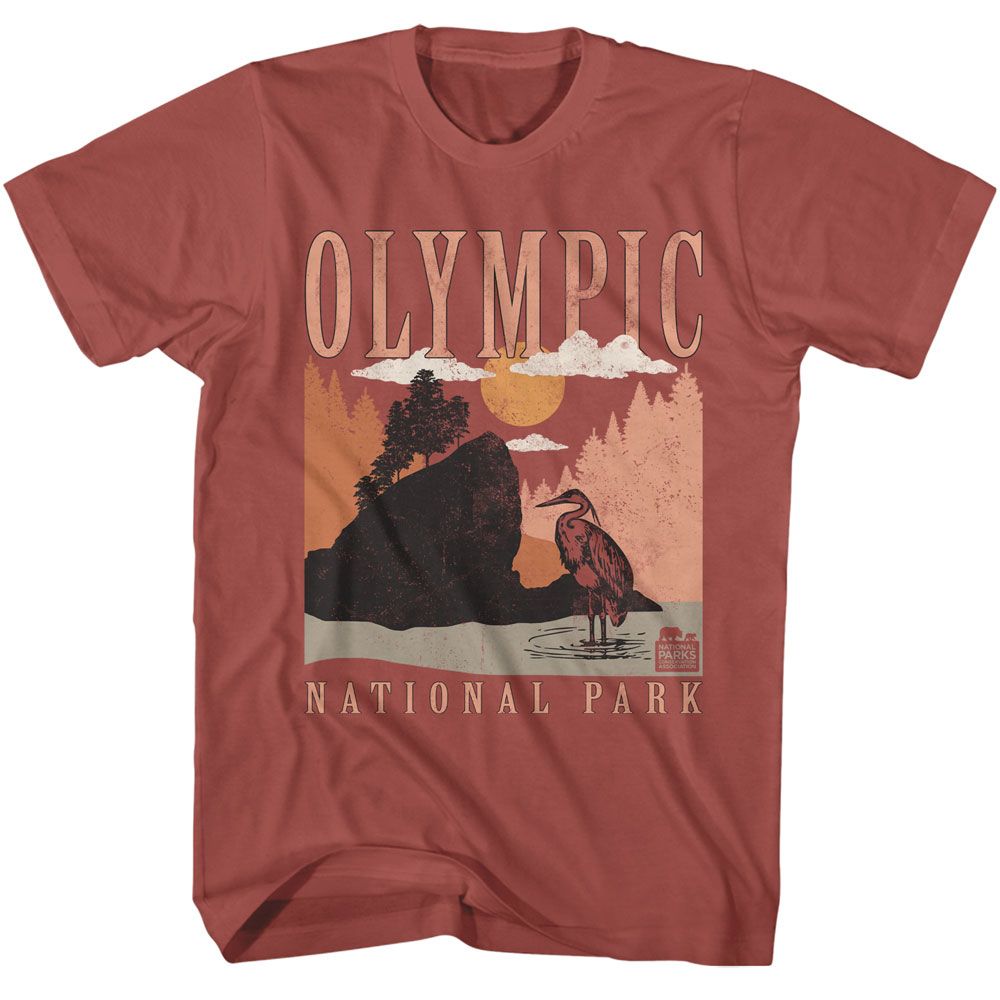 National Parks - Olympic Minimalist Landscape - American Classics - Solid Red Adult Short Sleeve T-Shirt