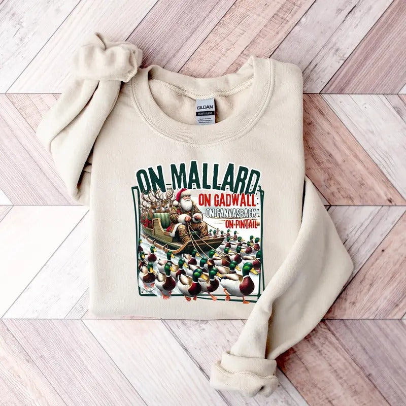 On Mallard On Gadwall Christmas Shirt, Funny Duck Hunting Santa Design, Outdoor Waterfowl Hunting Top, Sportsman Sweatshirt, Santa Sleighstyle{n002}2