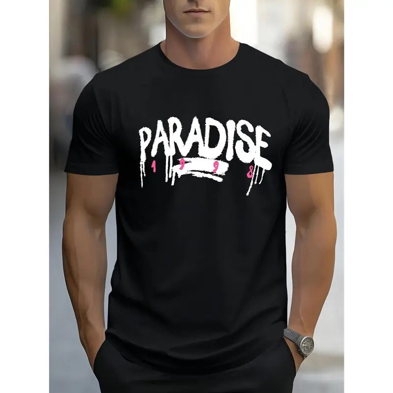 PARADISE Graphic T-Shirt for Men - Casual Sports Style, Geometric Pattern, Knit Fabric, Round Neck, Regular Fit, Summer Collection, Adult - Outdoor & Leisure Wear Made in USA