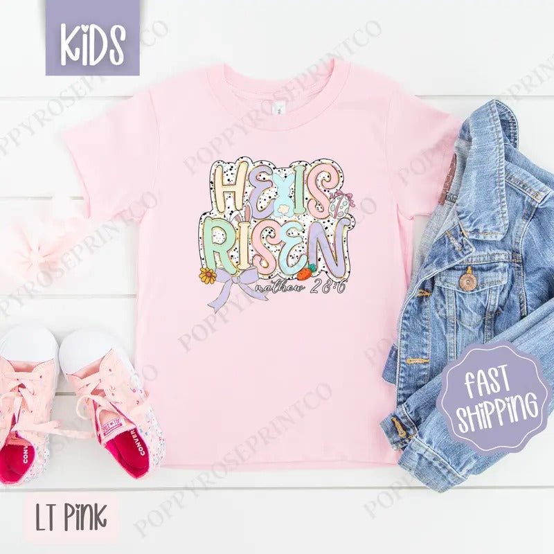 Pastel He is Risen Kids Shirt - Easter Children's Tshirt - Cute Youth Tee Gildan