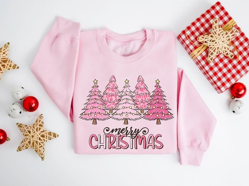 Pink Tree Christmas Sweatshirt, Christmas Tree Sweatshirt, Christmas Sweater, Christmas Tree Shirt, Winter Holiday Sweaters For Women, Xmas Christmas Shirt
