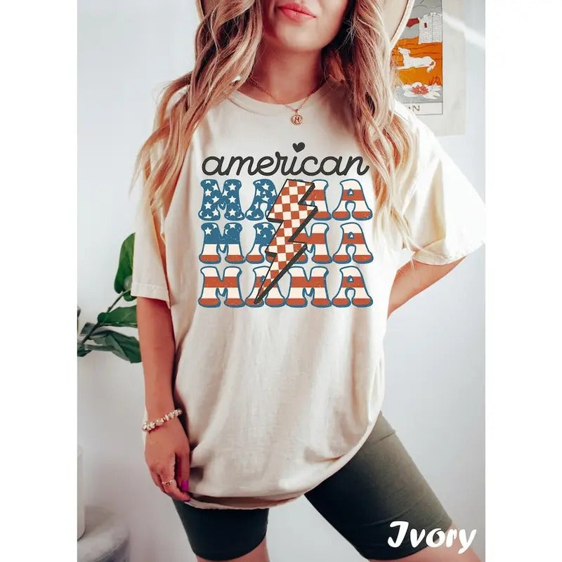 Premium American Mama Shirt, 4th of July Shirt For Mom, Tee, Patriotic Mom, Mama To Be, Retro Tee For Women, American Shirt Women