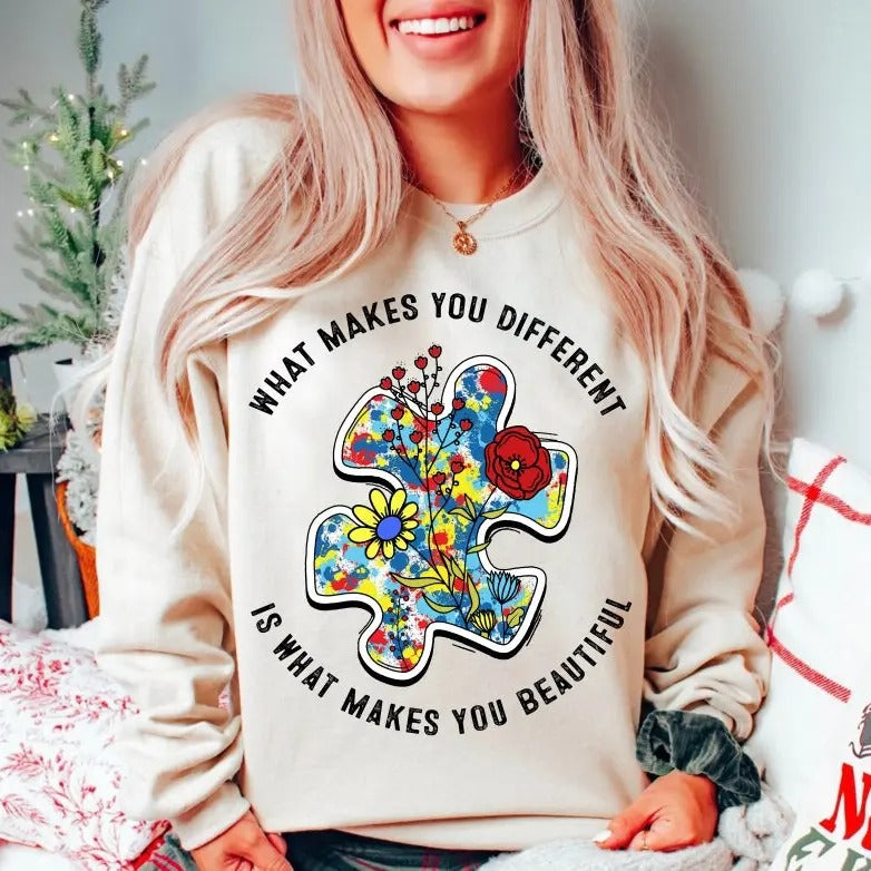 Premium What Makes You Different Is What Makes You Beautiful , Autism Png, Autism Awareness, Autism Puzzle sweatshirt