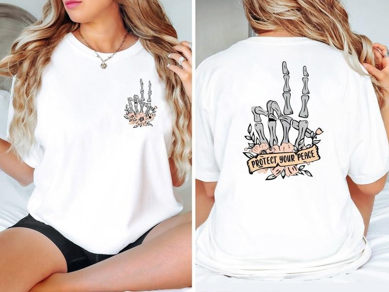Protect Your Peace Shirt, Flower Skull Shirt, Skeleton Hand Shirt, Motivational Shirt, Dead Inside Shirt, Back And Front Design Cotton Top