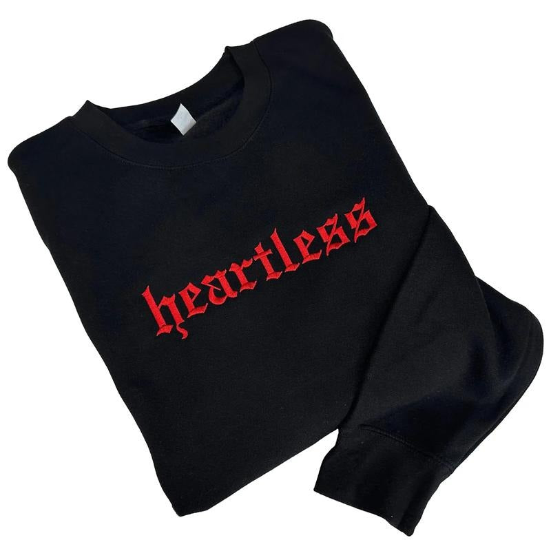 RED Heartless Embroidered Crewneck Unisex Sweatshirt Casual Clothing