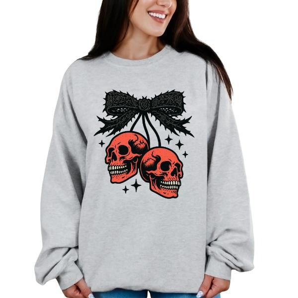 RED SKULL CHERRIES WITH GOTHIC BOW Long Sleeve Crewneck Sweatshirt T Shirt or Hoodie Casual Poly Cotton Blend Graphic Design Unisex Fit Pullover Top Gothic Womenswear Comfy Statement Style Everyday