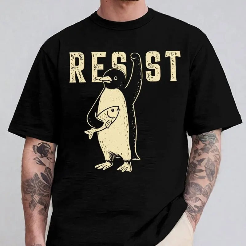 Resist Penguins Graphic Shirt, Penguins Against Tariffs Unisex Tee, Meme Anti Trumppp Anti Fascist Fdt Protest Democrat Gift, Streetwear Menswear