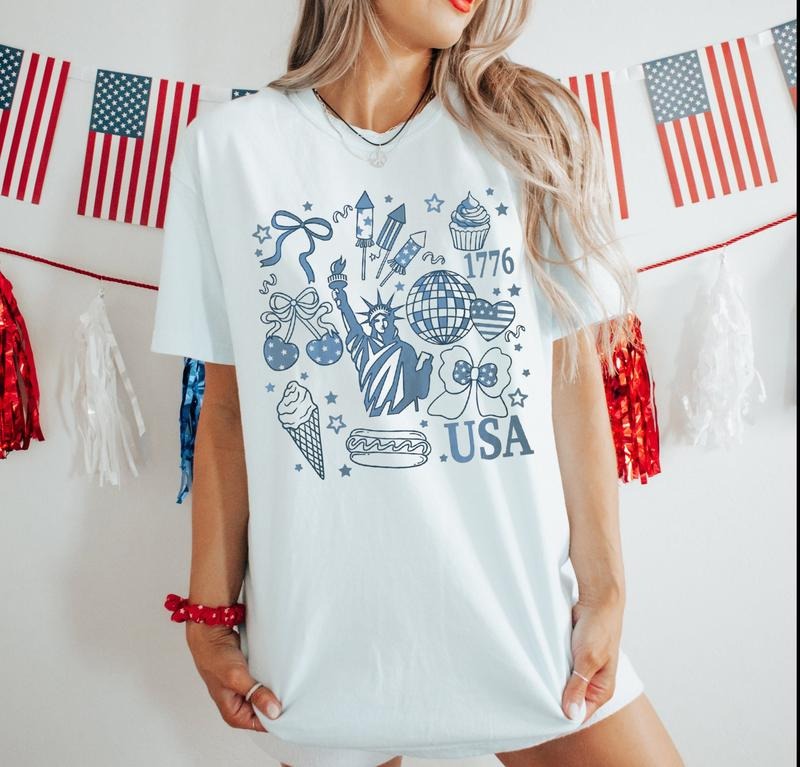 Retro America Coquette Shirt, Preppy 4th of July, Girly Memorial Day Graphic Tee, Vintage USA Independence Day, Land of the Free Shirt