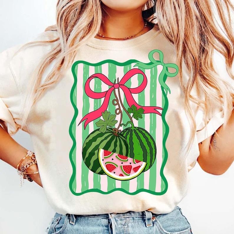 Retro Fancy Watermelon Coquette Bow Mama Watermelon Everyday Preppy Little Girl Trendy Watermelon Summer T-Shirt