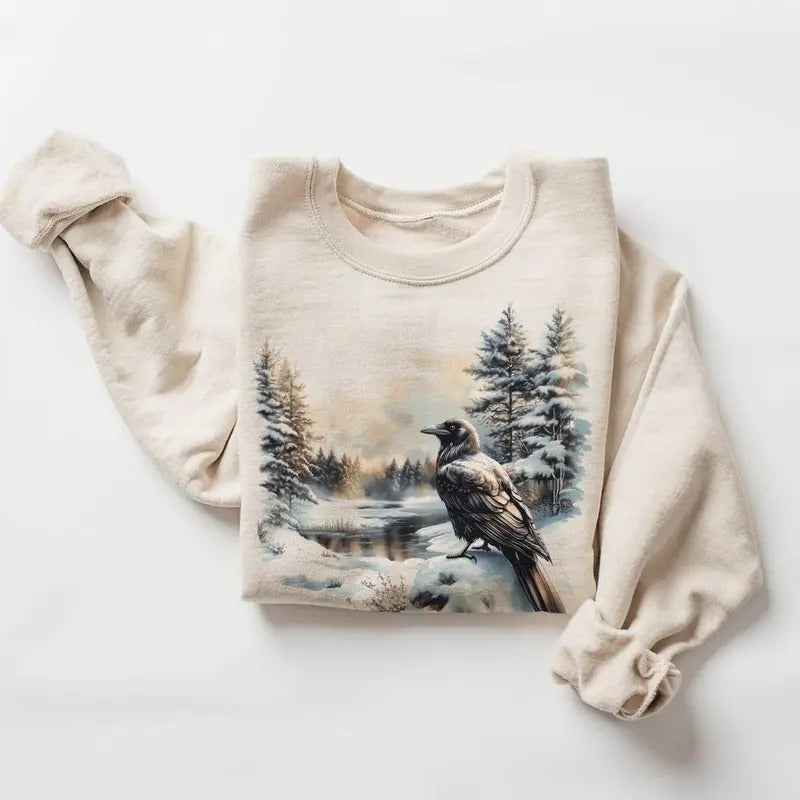 Retro Raven Snowy Forest Scene Sweatshirt - Nineties 90s Vintage Birds Winter Nature Hoodie Cotton Pullover
