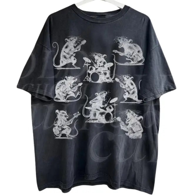 Rocker Rats Vintage 90s T-Shirt, Retro Rat Playing Rock Guitar Tshirt, Gothic Grunge Clothing, Horror Rat Playing Drums Tee, Dark Academia, Menswear