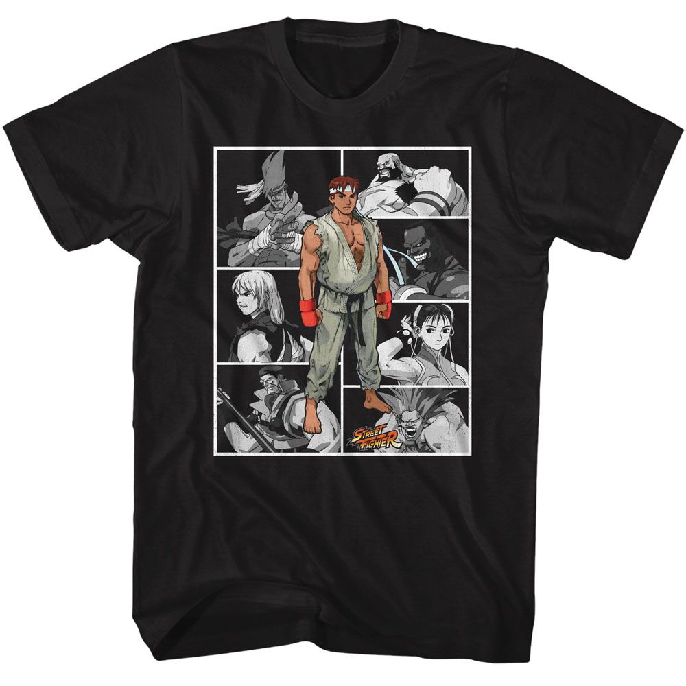 Street Fighter - Fighters In Boxes - American Classics - Solid Black Adult Short Sleeve T-Shirt