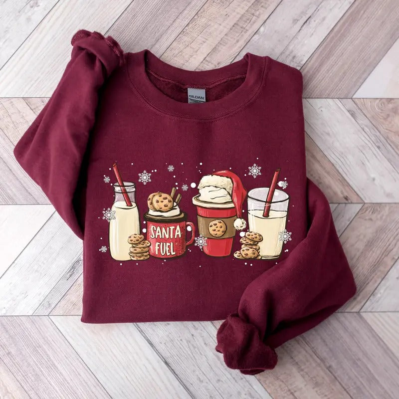 Santa Fuel Sweatshirt, Christmas Milk and Cookies, Christmas Latte Shirt, Women Christmas Shirts, Funny Christmas Gifts, Family Xmas Shirts Cotton Crewneck