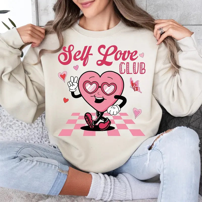 Self Love Club Sweatshirt, Groovy Valentine's Day T-Shirt, Retro XOXO Valentine's Crewneck, Trendy V-Day Clothing
