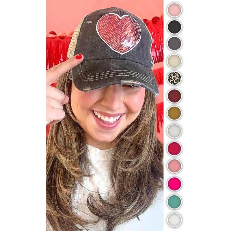 Sequin Heart Vintage Washed Hat Tik Tok