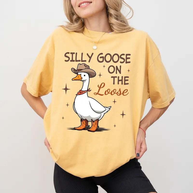 Silliest Goose On The Loose Shirt Comfort Colors, Funny Cowboy Goose Graphic Tee, Silliest Goose Tshirt, Meme Goose Bumps Tee, Funny Duck Shirt, Casual Women's Tops, Cotton Fabric Womenswear