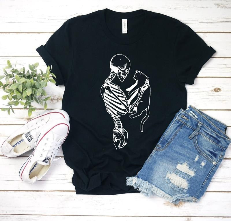 Skeleton And Cat Shirt Gifts For Cat Lovers Shirt Cat Lady Gift