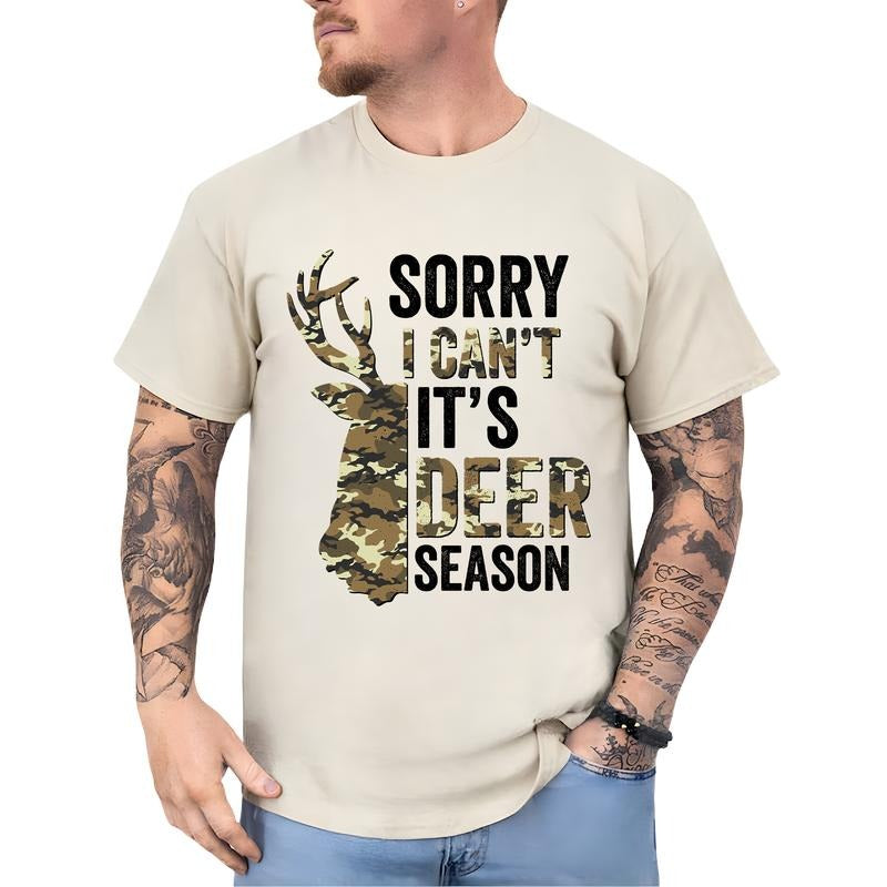 Sorry It's Deer Season Camo Hunting Shirt for Men, Buck Hunt Graphic Tees, Unisex Hunter Tops, Hunting Gift Ideas for Husband, Classic Cotton Menswear