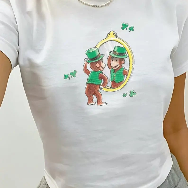 St Patrick's Day Baby Tee, Lucky Girl Clover Trendy Tee, Cute Green Irish Top, Retro Y2K Vintage Graphic, Pinterest Aesthetic, 90s Tshirt