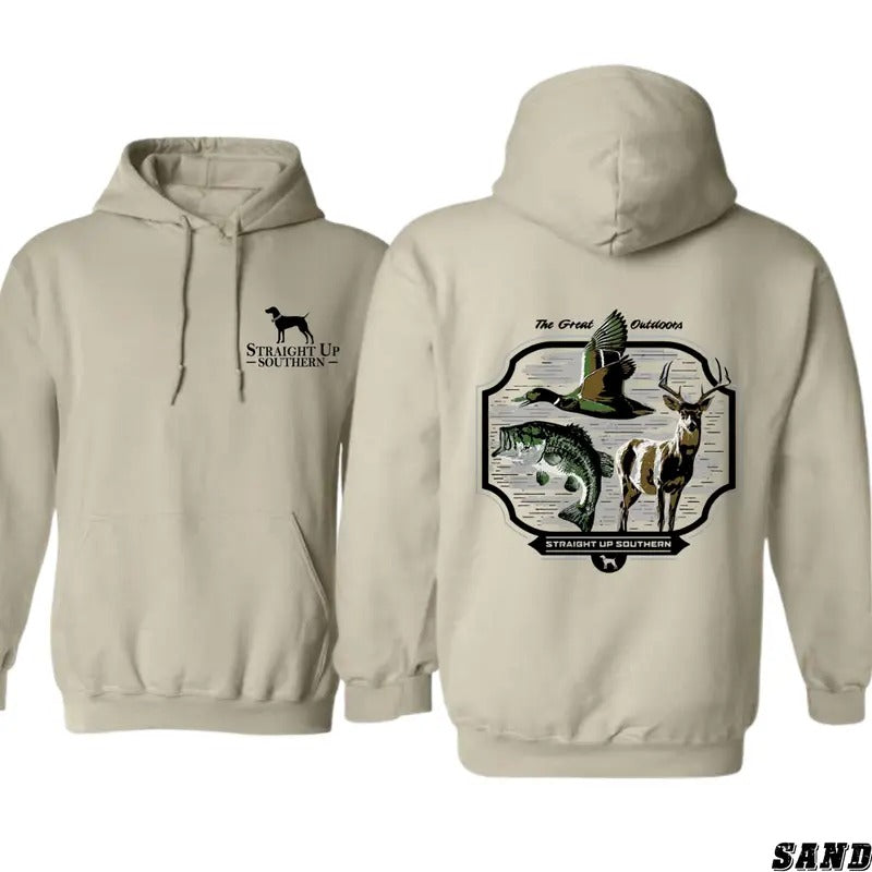Straight Up Southern Hoodie - Outdoor Wildlife Theme with Dog, Duck, Fish, and Deer Graphic, Perfect for Nature Lovers, Comfortable Style - Menswear Tops