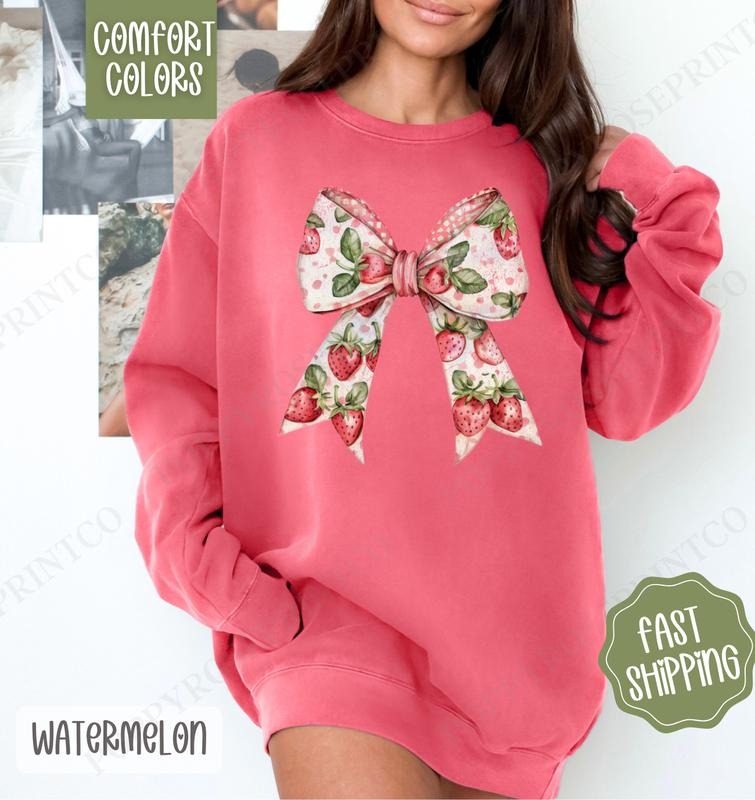 Strawberry Bow Comfort Colors Sweatshirt, Cute Fruit Sweater, Girly Aesthetic Crewneck