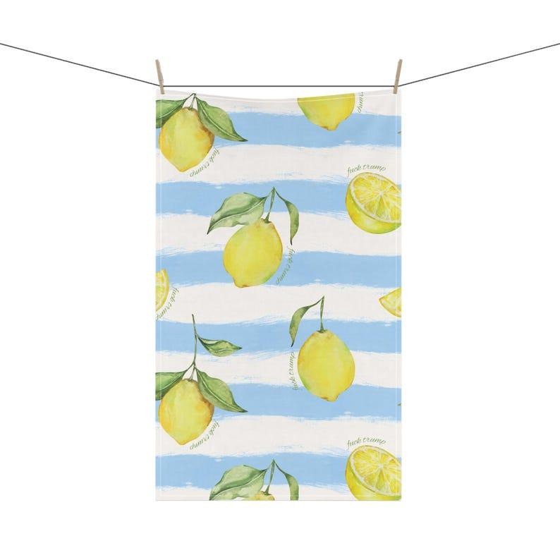 Subtle F*ck Trump Lemon Tea Towel, Blue Yellow Citrus Kitchen Towel, Political Dish Towel, Funny Anti Trump Gift, Democrat Housewarming Gift