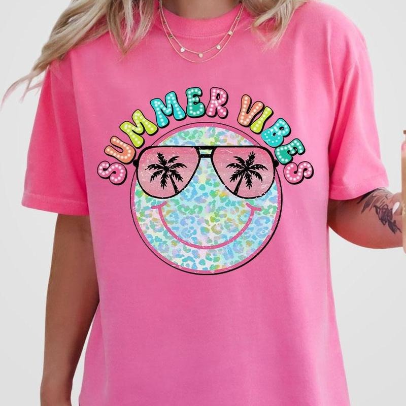 Summer Smiling Face Shirt, Retro Summer Tee, Summer Outfits For Women, Summer Leopard Shirt, Vingate Summer Tee, Funny Beach Shirt, Beach Vibes T-Shirt, Vacation Shirt, Summer Women Tops