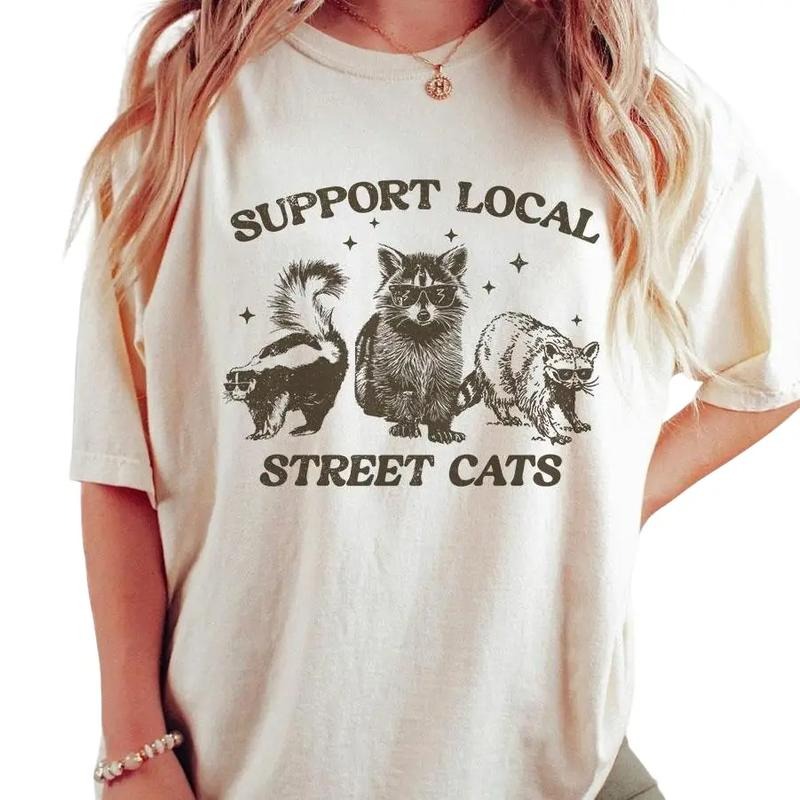 Support Your Local Street Cats Graphic T-Shirt, Retro Unisex Adult T Shirt, Vintage Raccoon T-Shirt, Nostalgia Shirt, Relaxed Cotton Tees, Raccoon Lover Tee, Street Cats Shirt, Comfort Women Top