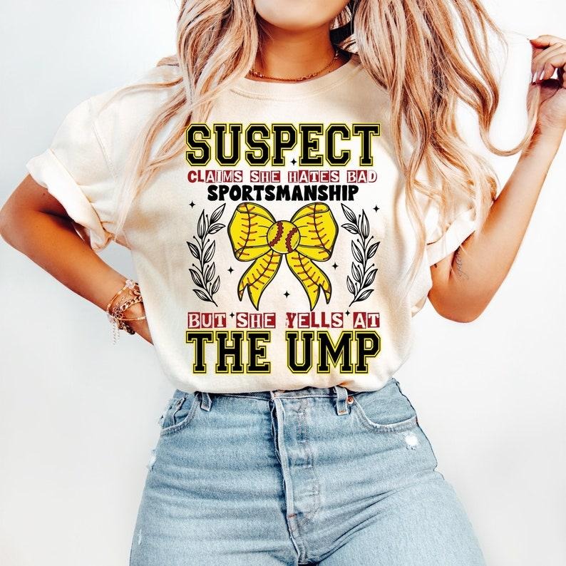 Suspect Claims Softball, Softball Coquette, Game Day, Retro Softball Bow, Funny Softball Mama Tshirt