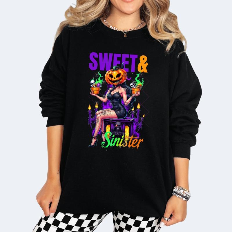 Sweet & Sinister Black T-Shirt Women's Crew Neck Drop Shoulder Graphic Print Casual Vintage Grunge Style Top Made in USA - Fit Cotton Womenswear Cute Streetwear Skeleton