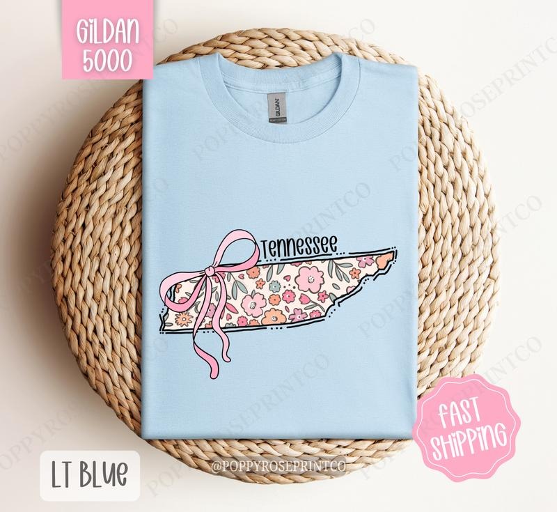 Tennessee Floral Bow Gildan T-shirt, Cute Trendy Tee, State Coquette Oversized Top
