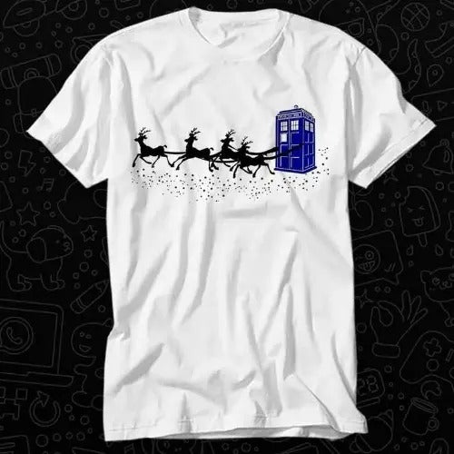 The Doctor Who Christmas Police Phone Box Flying Deer Star T Shirt Gift Unisex Top Adult Tee Vintage Music Best Movie Made in USA
