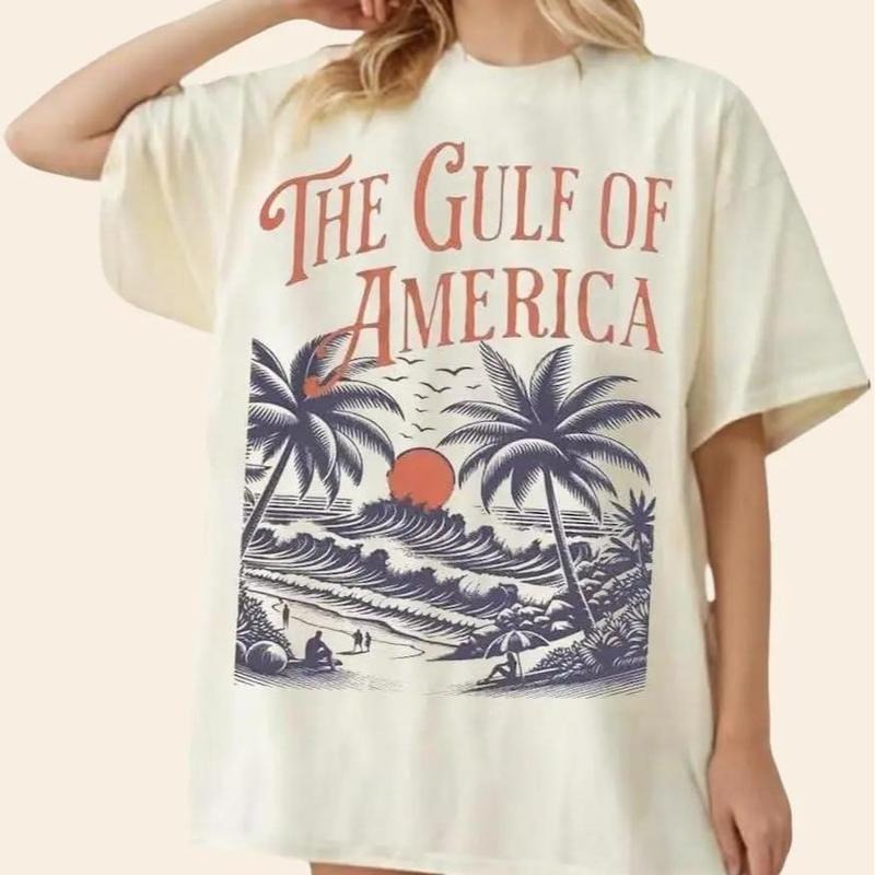 The Gulf of America Shirt for Women Summer Vibes Wave Coconut Tree Graphic Tees Vintage Patriot American Pride Tee
