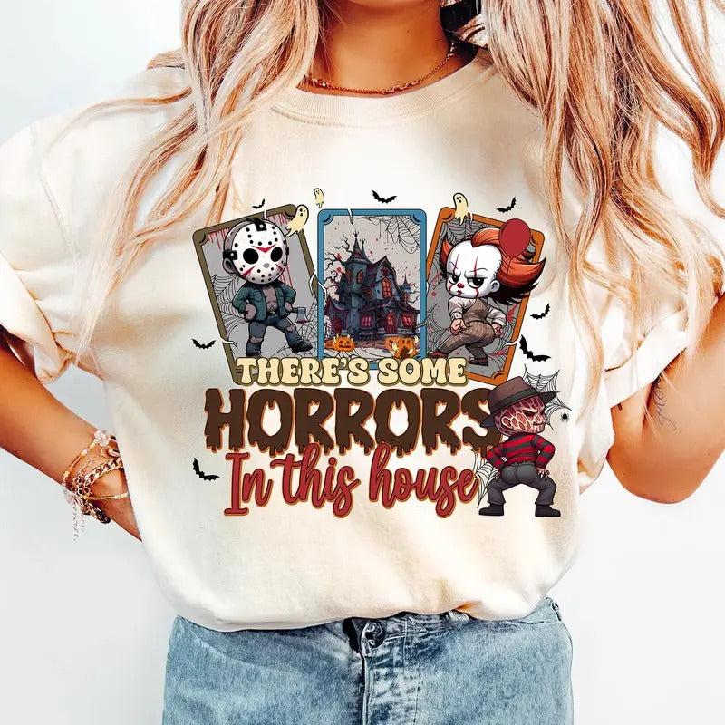 There's Some Horrors In This House Shirt, Funny Halloween Tshirt, Spooky Season Halloween Shirt, Trendy Funny Halloween Pumpkin Shirt