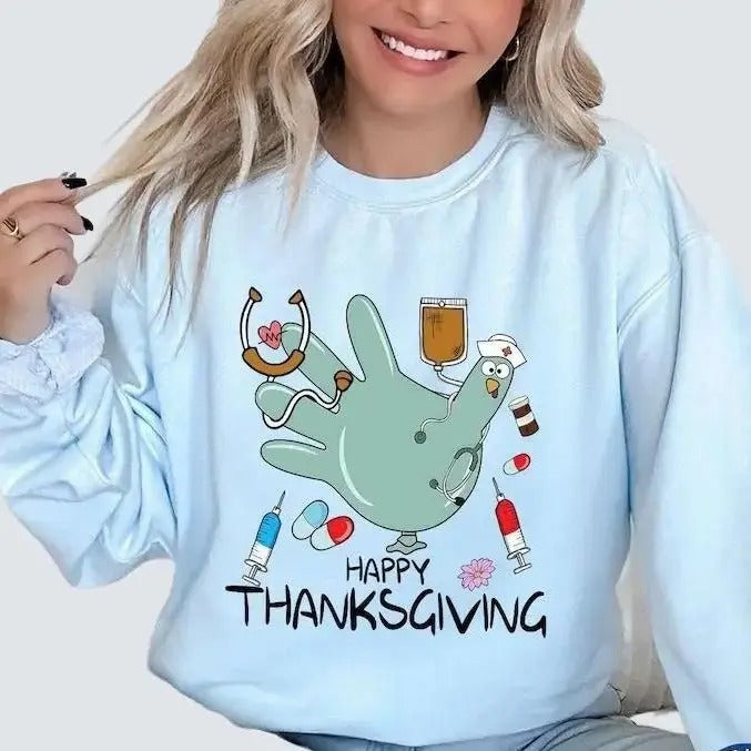 Turkey Glove Nurse Thanksgiving Sweatshirt, Gobble Gobble Nurse Turkey Sweater, Thanksgiving Nurse Shirt, Funny Nurse, Unisex Shirt, Full Size, Full Color