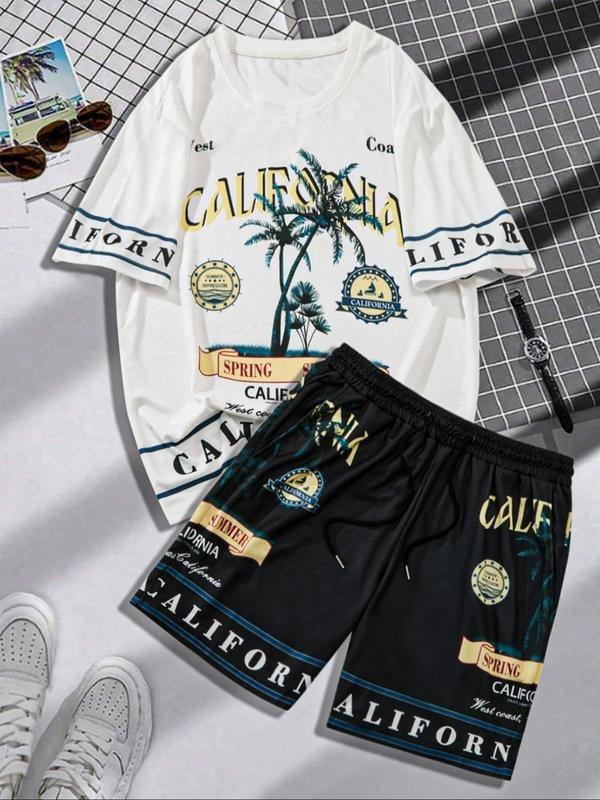 Two-Piece Set Men's Letter Graphic Tee & Shorts Set, Regular Fit Casual Short Sleeve T-shirt & Shorts, Men's Summer Clothes for Daily Wear