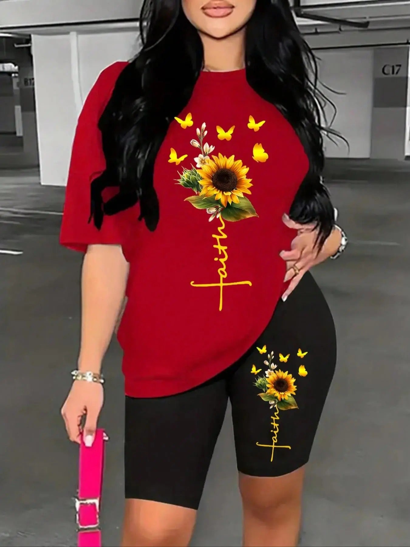 Two-Piece Set Women's Graphic Drop Shoulder Tee & Skinny Shorts Set, Floral Print Half Sleeve T-Shirt & Shorts, Casual Summer Clothes for Daily Wear, Womenswear