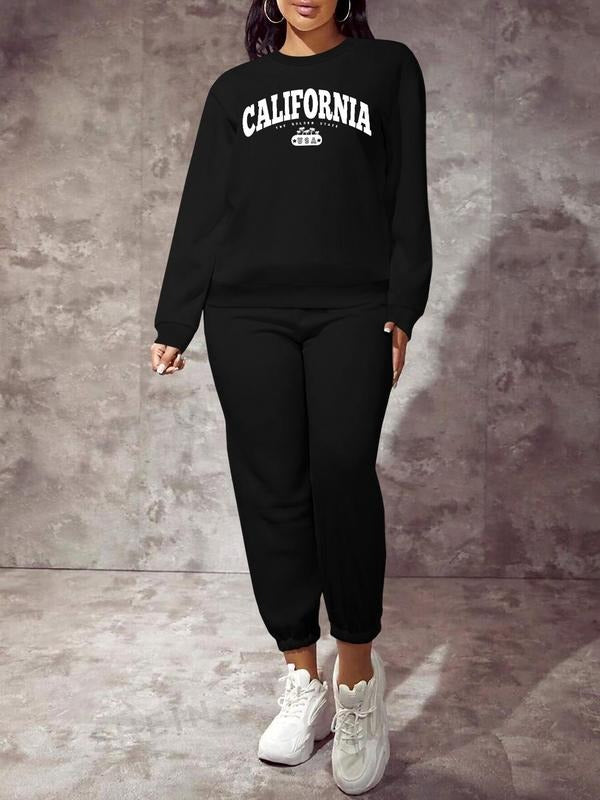 Two-Piece Set Women's Letter Print Sweatshirt & Plain Elastic Waist Sweatpants Set, Casual Round Neck Long Sleeve Pullover & Pocket Jogger Pants, Women's Clothing for Daily Wear