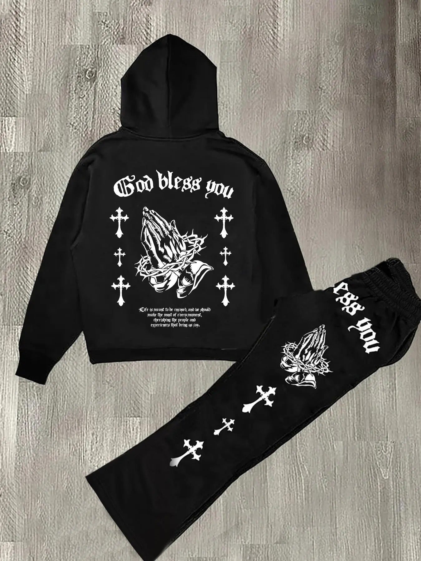 Two-piece Set Men's Prayer Gesture Graphic Pocket Hoodie & Drawstring Waist Sweatpants Set, Regular Fit Street Casual Long Sleeve Hooded Pullover & Elastic Waist Trousers, Streetwearv, Men's Fall & Winter Clothes