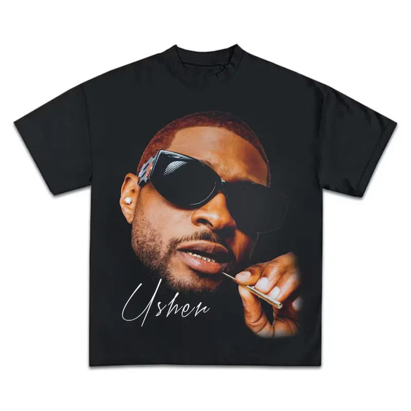 USHER big Face, USHER T-Shirt Raymond, R&B, Hiphop, Retro, 90s Vintage, And Ready To Print Menswear Top Underwear Man Tshirt Streetwear Tropical Shortsleeve Bestie Crewneck Round Neck
