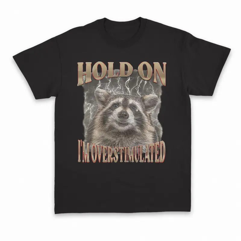 Unisex Hold On I'm Overstimulated Vintage Shirt, Retro Raccoon Bootleg Shirt