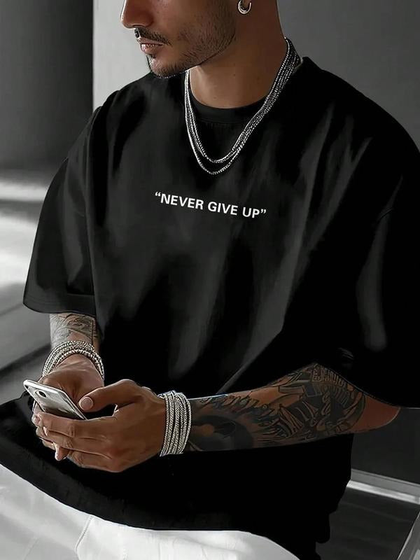 Unisex Men's Letter Print Round Neck Tee, Regular Fit Casual Short Sleeve Crew Neck T-Shirt for Daily Wear, Men's Top for All Seasons, Tropical