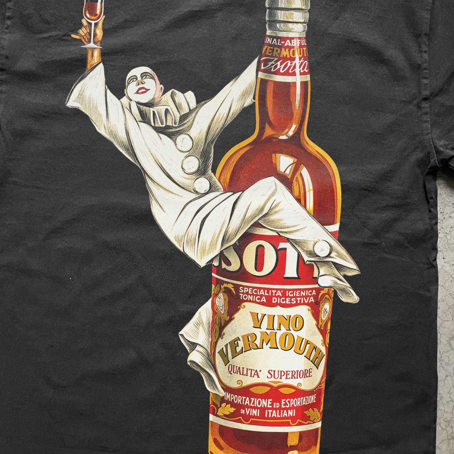 1920s 'VERMOUTH WINE' JSOTTA CLOWN HEAVYWEIGHT BLACK T-SHIRT