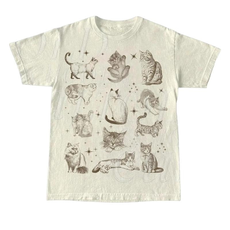 Vintage 90s Tattoo Cat Tshirt, Retro Kitten Nature Shirt, Cat Lovers Gift, Cats In Space Unisex Relaxed Adult Graphic Tee, Funny Gifts