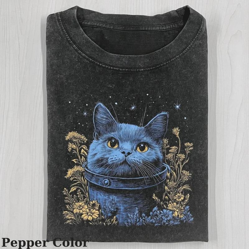 Vintage Blue Cat And Flower T-shirt, Cute Cat Shirt, Love Cat Tshirt- Meme Cringe Funny Dumb Shirts, Unisex Shirt Menswear Womenswear Streetwear