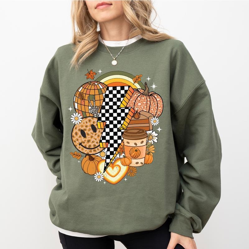 Vintage Fall Groovy Graphic Sweatshirt, Retro Funny Smile Face Crewneck, Hello Fall Sweatshirt, Autumn Smile Face Sweater, Spooky Vibes Sweatshirt For Women, Comfy Long Sleeve Pullover, Cute Women's Tops, Fall Casual Womenswear, Comfort Fabric Cotton Top