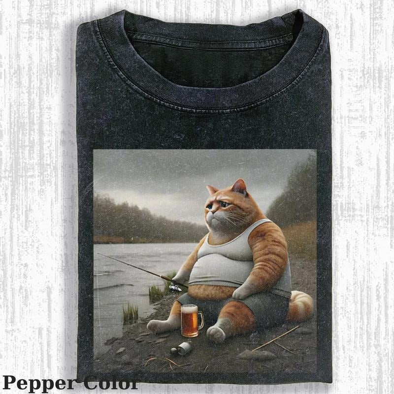 Vintage The Fishing Cat T-Shirt, Fantasy Kitten Tshirt, Cute Cat Shirt, Cool Cat Tshirt, Love Cat Tshirt, Meme Cringe Funny Dumb Shirts, Unisex Shirt Menswear Womenswear Streetwear