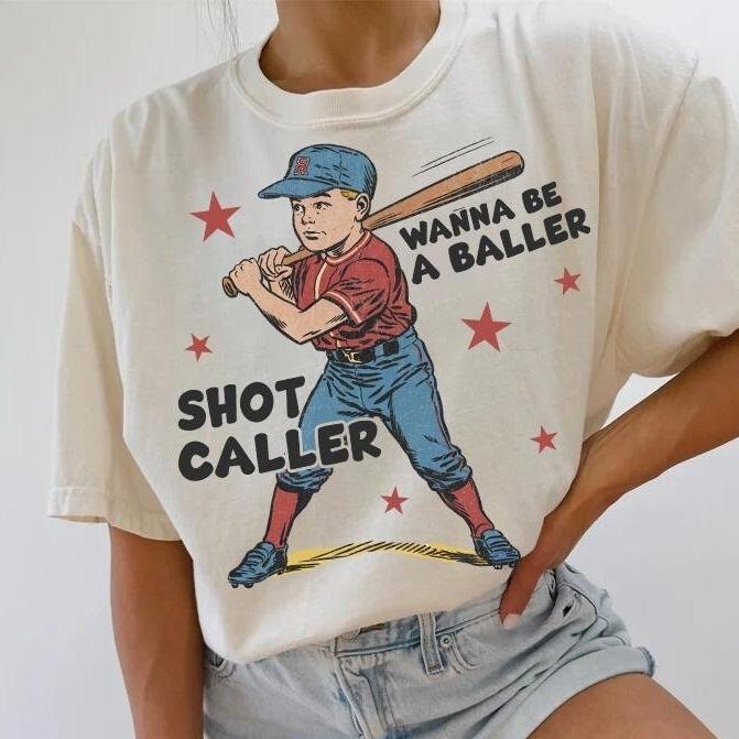 Wanna Be a Baller Shot Caller Baseball Shirt for Women Retro Vintage Crewneck Long Sleeve Pullover 100% Cotton - Soft and Cozy Fabric