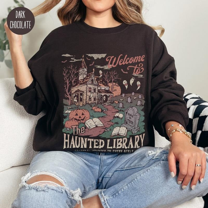 Welcome To The Haunted Library Sweatshirt, Bookish Halloween Shirt, Funny Halloween Librarian T-Shirt, Ghost Reading Book Sweater, Gift For Halloween